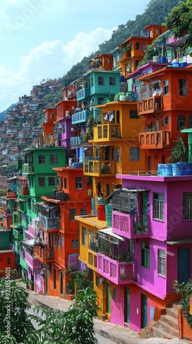 Brazilian favela cityscape with colorful buildings perfect for graphic art projects. Concept Brazilian Favela Cityscape, Colorful Buildings, Graphic Art Projects