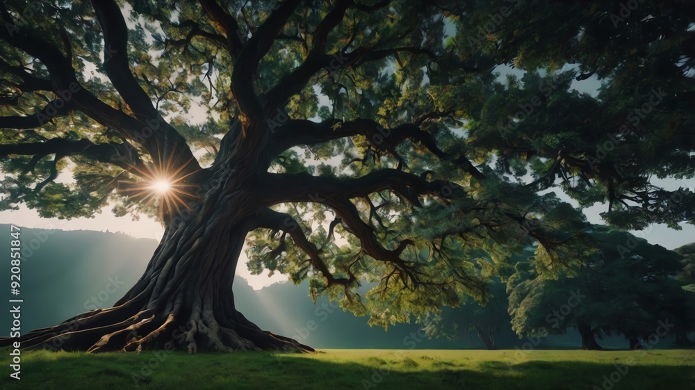 Fototapeta premium A large tree with wide branches and roots, bathed in sunlight