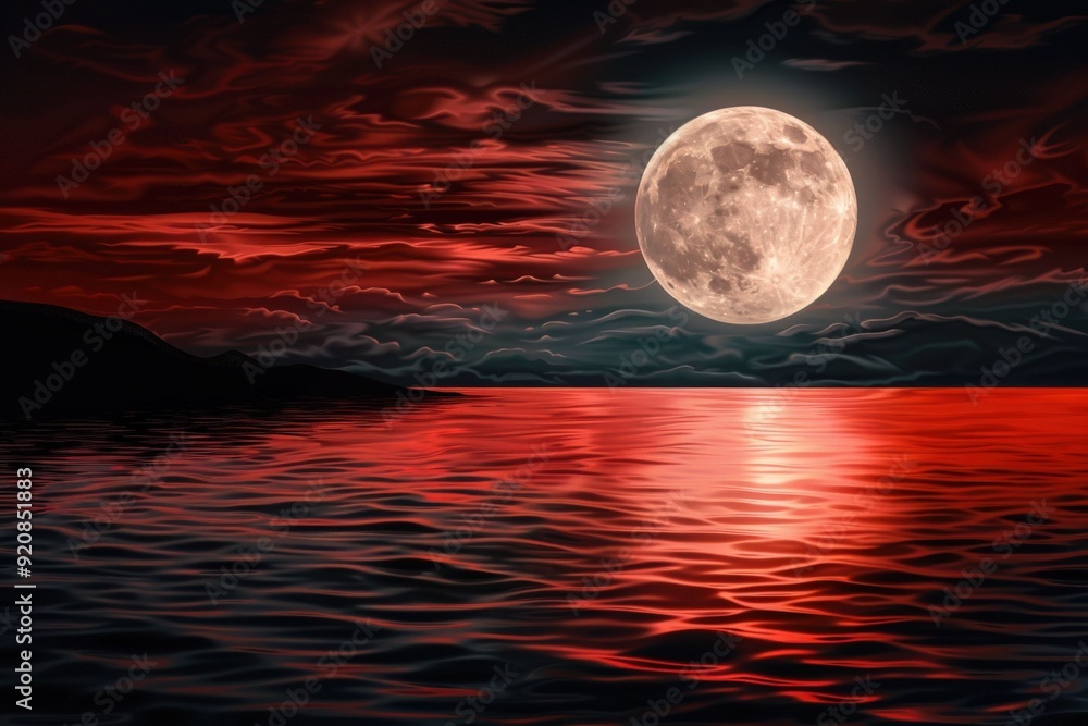 Ominous red moon casts eerie glow on blood-soaked river, surrounded by twisted, ancient trees on a haunting autumn night.. Beautiful simple AI generated image in 4K, unique. Ominous red moon casts eerie glow on blood-soaked river, surrounded by twisted, ancient trees on a haunting autumn night.. Beautiful simple AI generated image in 4K, unique.