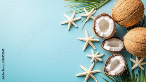 Starfish and coconut on blue background