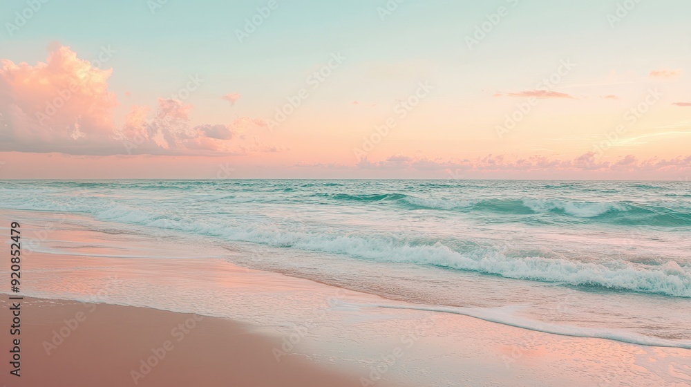 Serene Ocean Beach Sunset with Soft Pink Clouds and Turquoise Waves Serene Ocean Beach Sunset with Soft Pink Clouds and Turquoise Waves