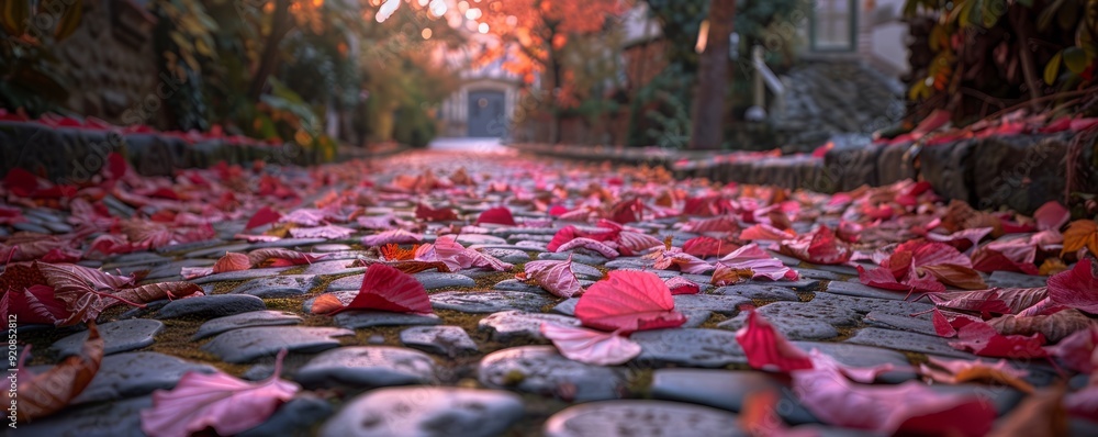 Autumn leaves on a cobblestone street Autumn leaves on a cobblestone street