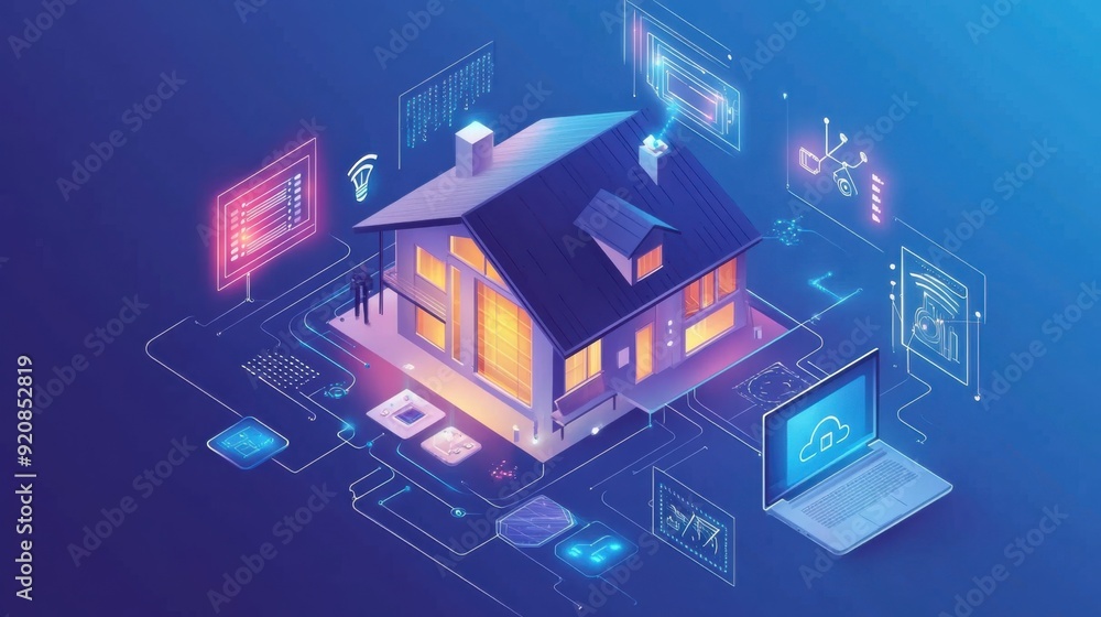 Illustration Of A Smart Home With Interconnected Devices And Cloud Technologies, Set In Digital Blue Artwork. Illustration Of A Smart Home With Interconnected Devices And Cloud Technologies, Set In Digital Blue Artwork.