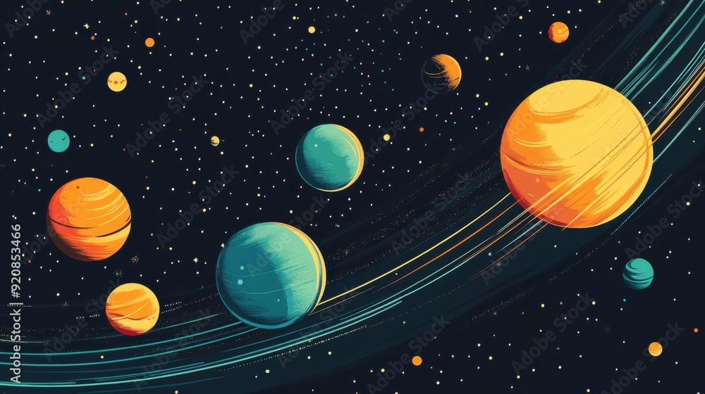 Fototapeta premium Abstract Depiction Of Vibrant Planets Scattered Across A Starry Sky, Connected By Illuminated Trails In Space.