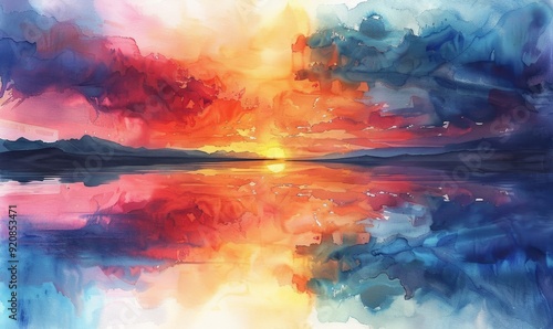 A painting of a sunset with a reflection of the sky in the water