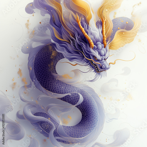 A purple golden dragon gracefully walks, surrounded by flowing designs and golden circular elements photo