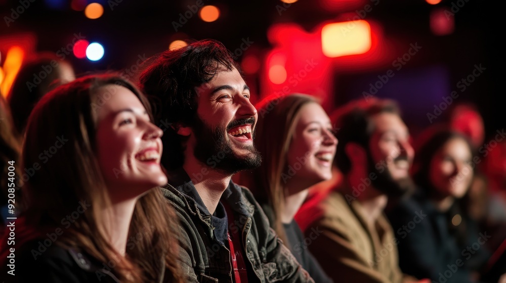 Happy Group of Friends Laughing at a Comedy Show or Concert. Happy Group of Friends Laughing at a Comedy Show or Concert.