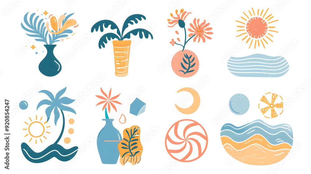 Obraz premium Abstract beach icons set, vector illustration with hand drawn shapes and symbols of sun, palm tree, waves, vase flower, sand dune isolated on white background. Flat design. Vector Illustration.