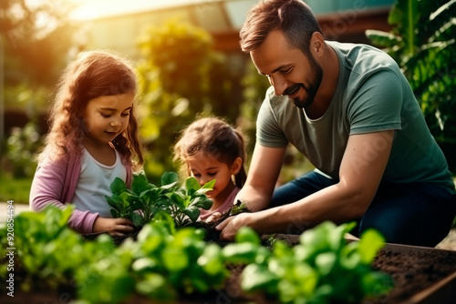 Wallpaper Mural family, father and daughters girl. They are engaged in planting plants and vegetables in the garden; plants, pots with plants, and beds are planted in the flowerbed. Soft sunlight, blur. Torontodigital.ca
