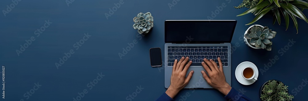 Laptop with a cup of coffee, and potted plants on a blue desk Laptop with a cup of coffee, and potted plants on a blue desk