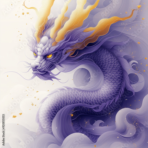 A purple golden dragon gracefully walks, surrounded by flowing designs and golden circular elements photo