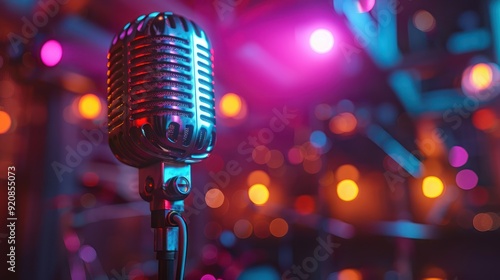 Vintage Microphone on Stage with Colorful Lights