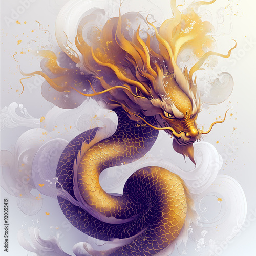 A purple golden dragon gracefully walks, surrounded by flowing designs and golden circular elements photo