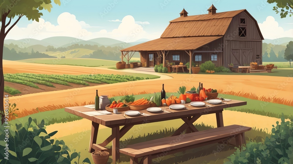 A farm scene with a long table set for a feast, a red barn, and a field of wheat A farm scene with a long table set for a feast, a red barn, and a field of wheat