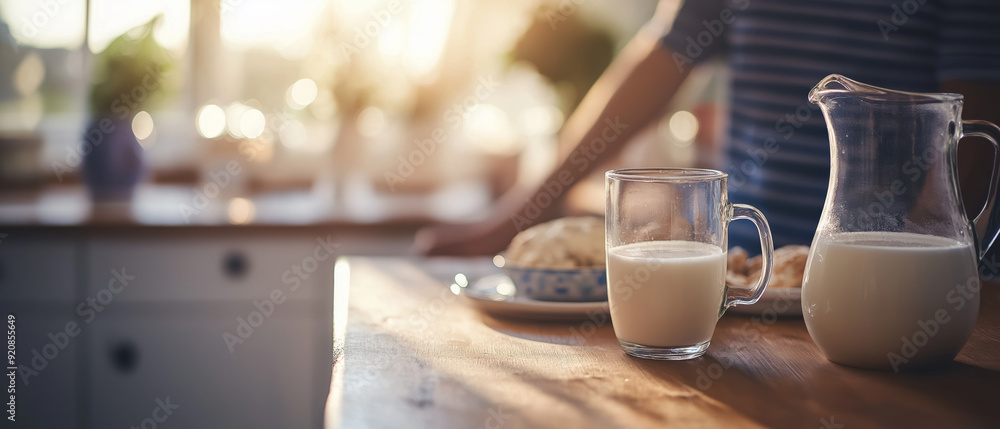 Glass pitcher and filled glass of milk on a wooden kitchen counter in a sunlit morning scene, representing a calm and healthy breakfast setting at home. Glass pitcher and filled glass of milk on a wooden kitchen counter in a sunlit morning scene, representing a calm and healthy breakfast setting at home.