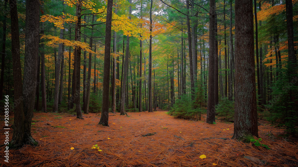 Obraz premium Majestic Forest Path with Golden Autumn Leaves and Tall Pine Trees.