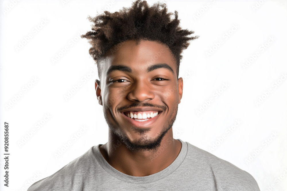 A handsome young man of African-American appearance close-up, in a state of joy, emotions, on a white background, medium plan. Advertising banner A handsome young man of African-American appearance close-up, in a state of joy, emotions, on a white background, medium plan. Advertising banner