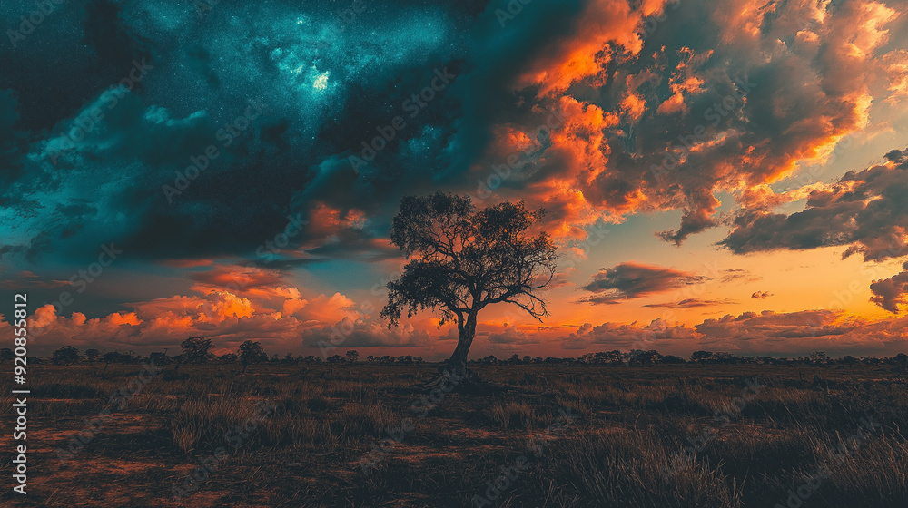 Obraz premium Silhouette of a Lone Tree Against a Dramatic Sunset and Starry Sky.
