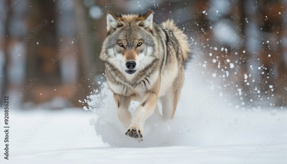 wolf running and snarling in snowy forest wolf running and snarling in snowy forest