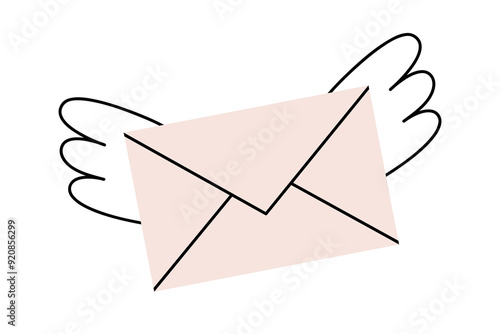 Hand drawn cute cartoon illustration mail with outline wings. Flat vector important news letter doodle style. Flying message icon, print. Business email delivery. Communication notification. Isolated.