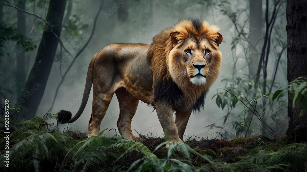 A lion in a misty forest A lion in a misty forest