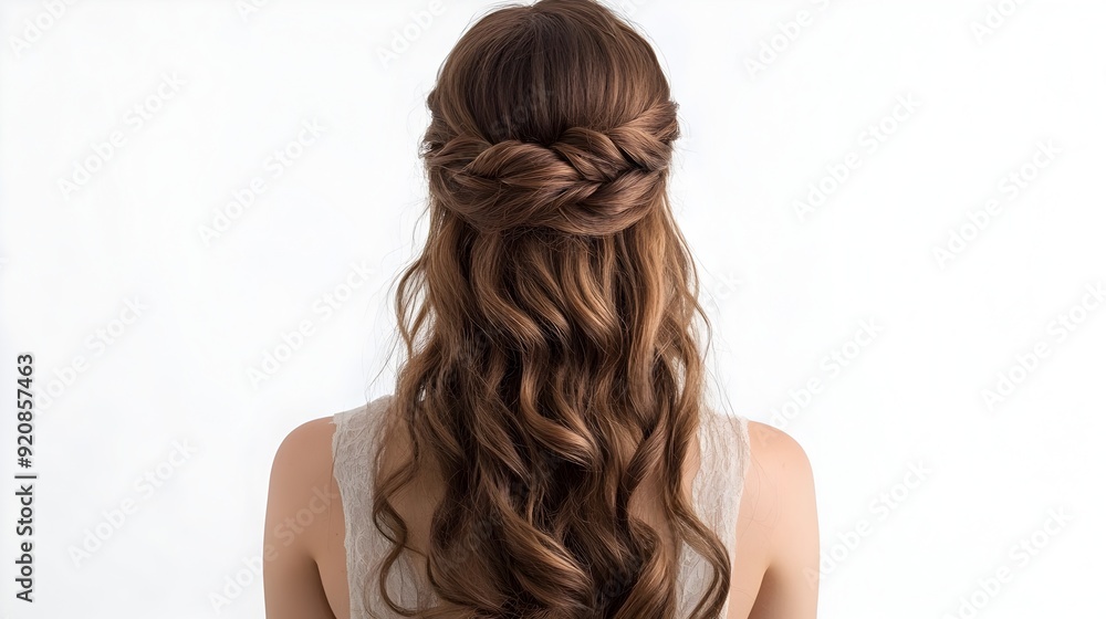 Half Up Half Down Hairstyle with Soft Curls on White Background Half Up Half Down Hairstyle with Soft Curls on White Background