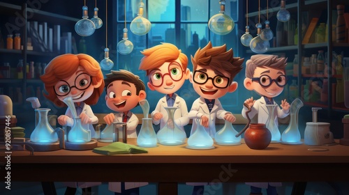 Illustration of child chemists in uniform, conducting scientific research with laboratory equipment.