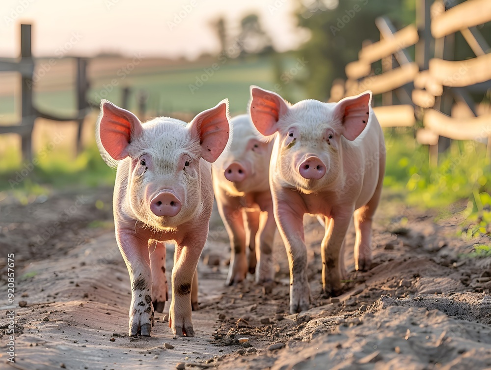 Three young pigs walk along a dirt pathway near a wooden fence in a rural farm setting during sunset Three young pigs walk along a dirt pathway near a wooden fence in a rural farm setting during sunset