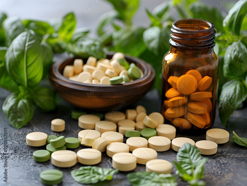 Herbal tablets and powders among fresh basil leaves in a wooden bowl and bottle
