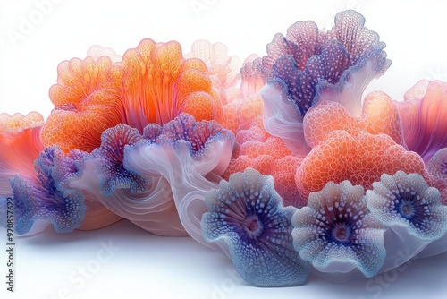 abstract 3d rendering of vibrant coral structures frozen midexplosion intricate tendrils and geometric shapes surreal texture gradients isolated on pristine white background photo