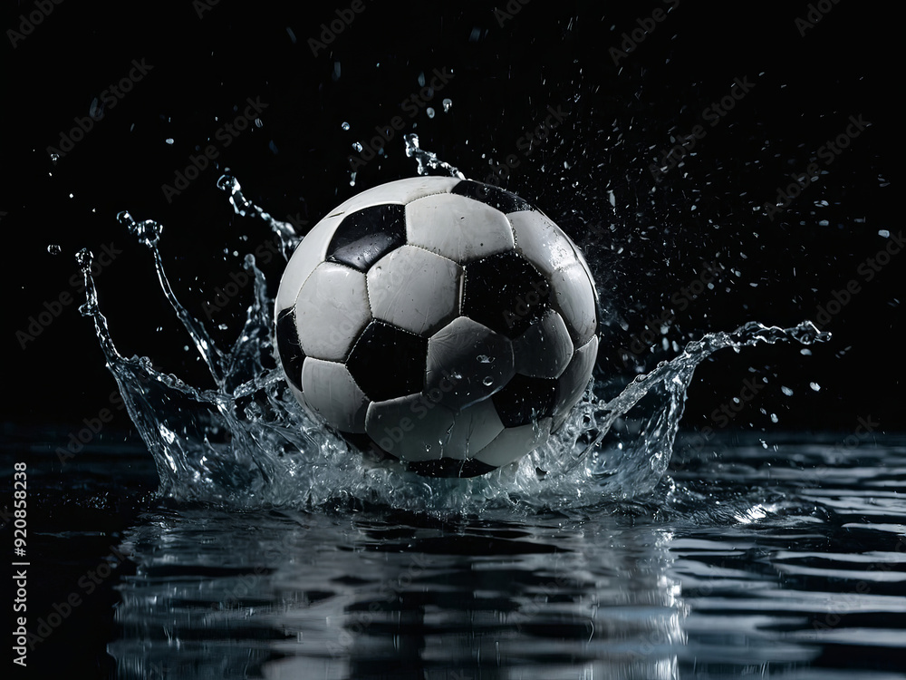 Naklejka premium A powerful soccer ball in splashes and waves of water on a black background in dynamics and movement