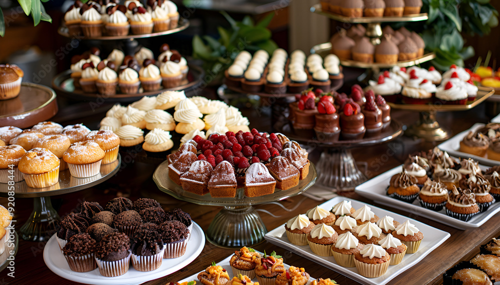 delightful assortment of desserts, including cakes, cupcakes, and pastries, beautifully arranged on a wooden table delightful assortment of desserts, including cakes, cupcakes, and pastries, beautifully arranged on a wooden table