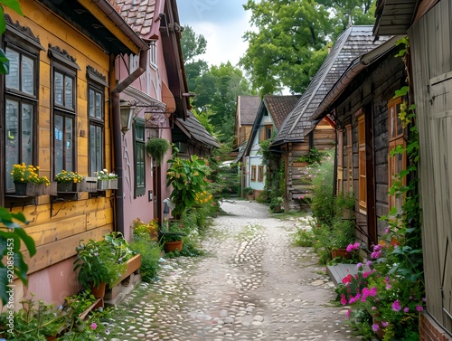 Charming cobblestone pathway lined with colorful houses and flower boxes in a quaint village on a cloudy day