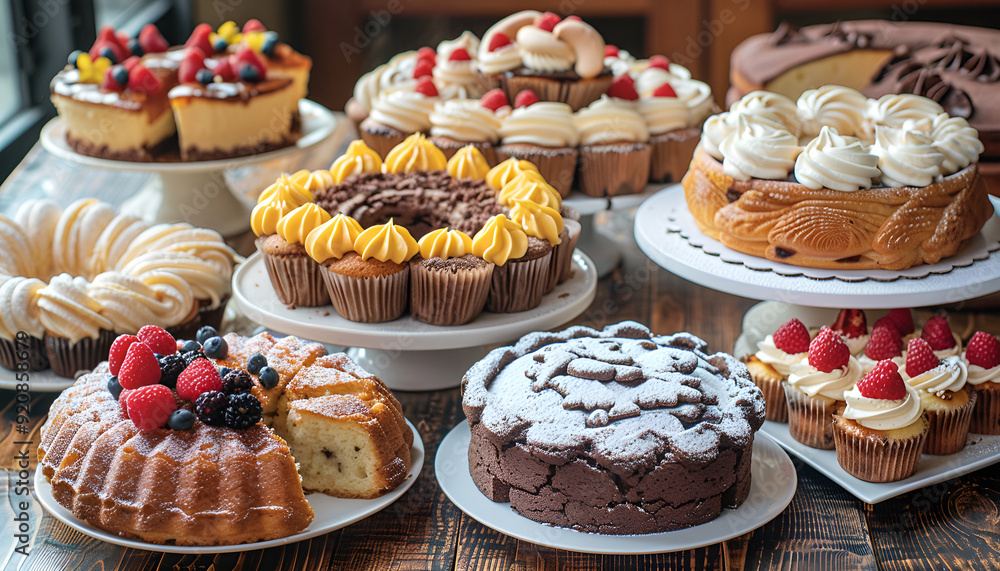 delightful assortment of desserts, including cakes, cupcakes, and pastries, beautifully arranged on a wooden table delightful assortment of desserts, including cakes, cupcakes, and pastries, beautifully arranged on a wooden table