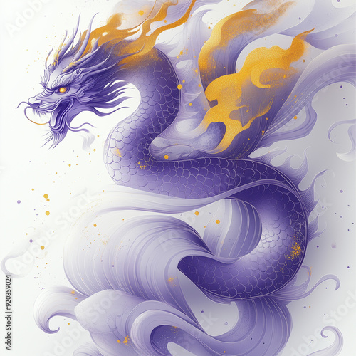 A purple wolf gracefully walks, surrounded by flowing designs and golden circular elements photo