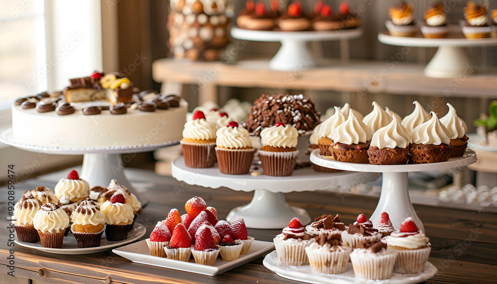 delightful assortment of desserts, including cakes, cupcakes, and pastries, beautifully arranged on a wooden table delightful assortment of desserts, including cakes, cupcakes, and pastries, beautifully arranged on a wooden table