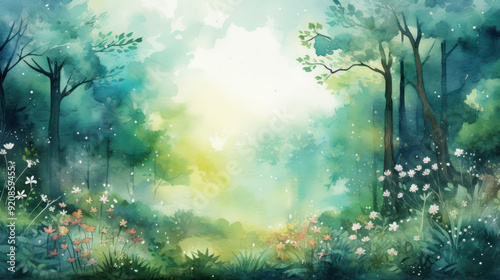 Mystical Forest. Dreamlike landscape. Colorful trees with delicate pastel palette. Empty, blank space.