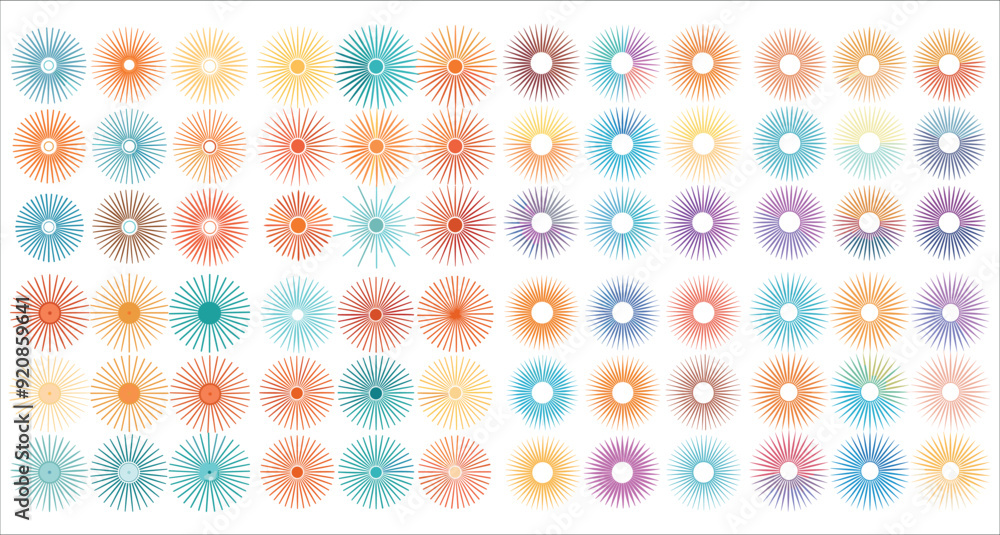 Obraz premium Set of geometric circular ornament, Colorful sunburst element radial stripes, Colorful sunburst element radial stripes white background, Sunburst vector element, Abstract sunburst vector illustration