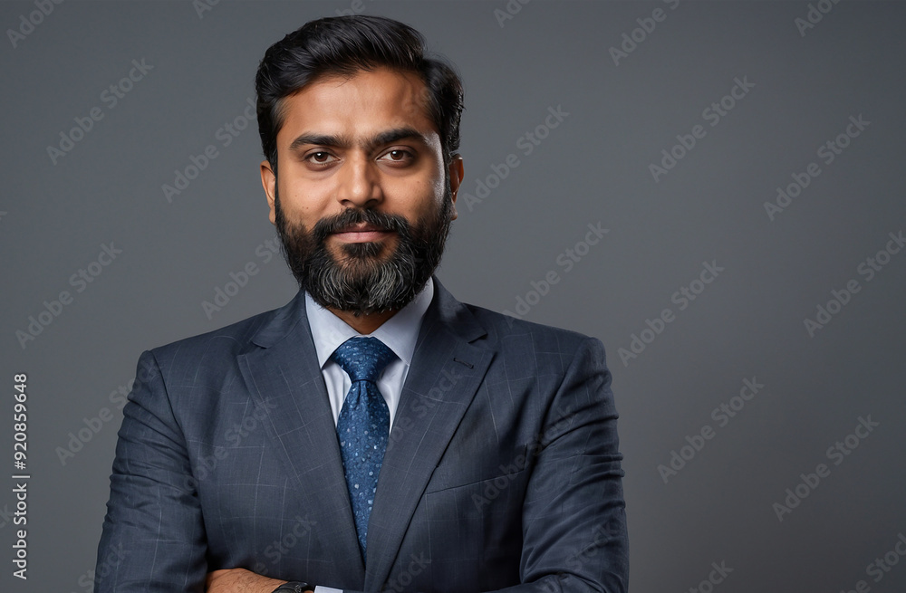 portrait of an Indian businessman with a beard an serious look on a plain background wearing a suit portrait of an Indian businessman with a beard an serious look on a plain background wearing a suit