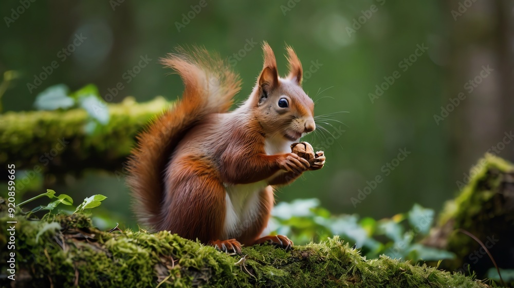 A red squirrel eating a nut on moss. A red squirrel eating a nut on moss.
