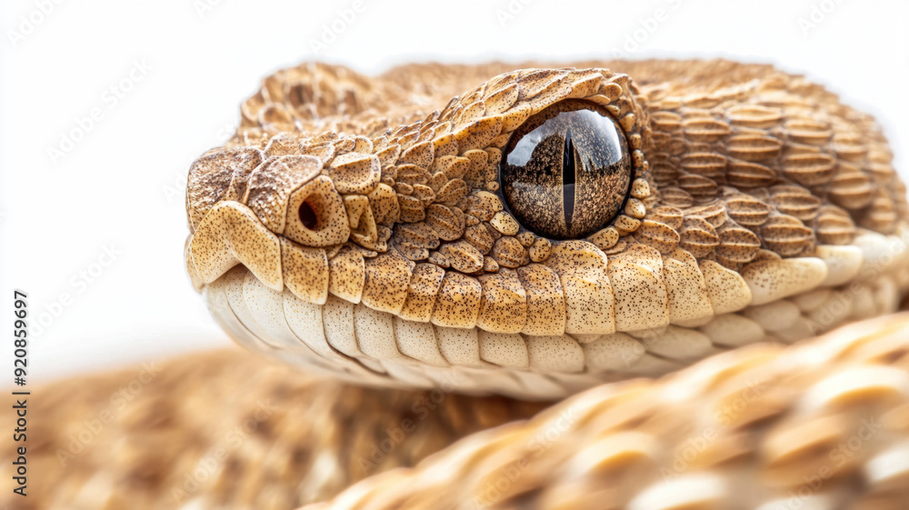 Fototapeta premium A close-up of a venomous rattlesnake, super detailed scales, eyes reflect the danger of a cold-blooded individual.