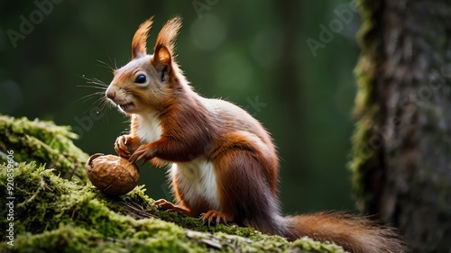 A red squirrel eating a nut on moss.