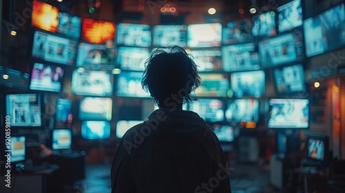 Wallpaper Mural A personâ€™s silhouette with a blurred face, standing in front of multiple screens displaying fake bank transactions and fraudulent messages, the atmosphere is tense and eerie.  Torontodigital.ca