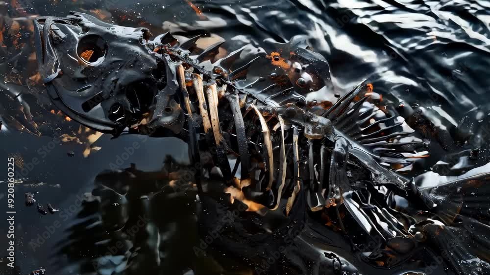 Detailed fish skeleton drifting in dark water Detailed fish skeleton drifting in dark water