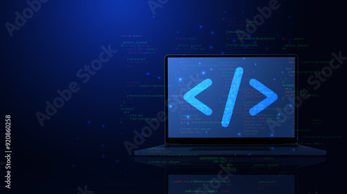 Abstract programming code icon on a laptop screen in light blue low poly futuristic style on technology background. photo