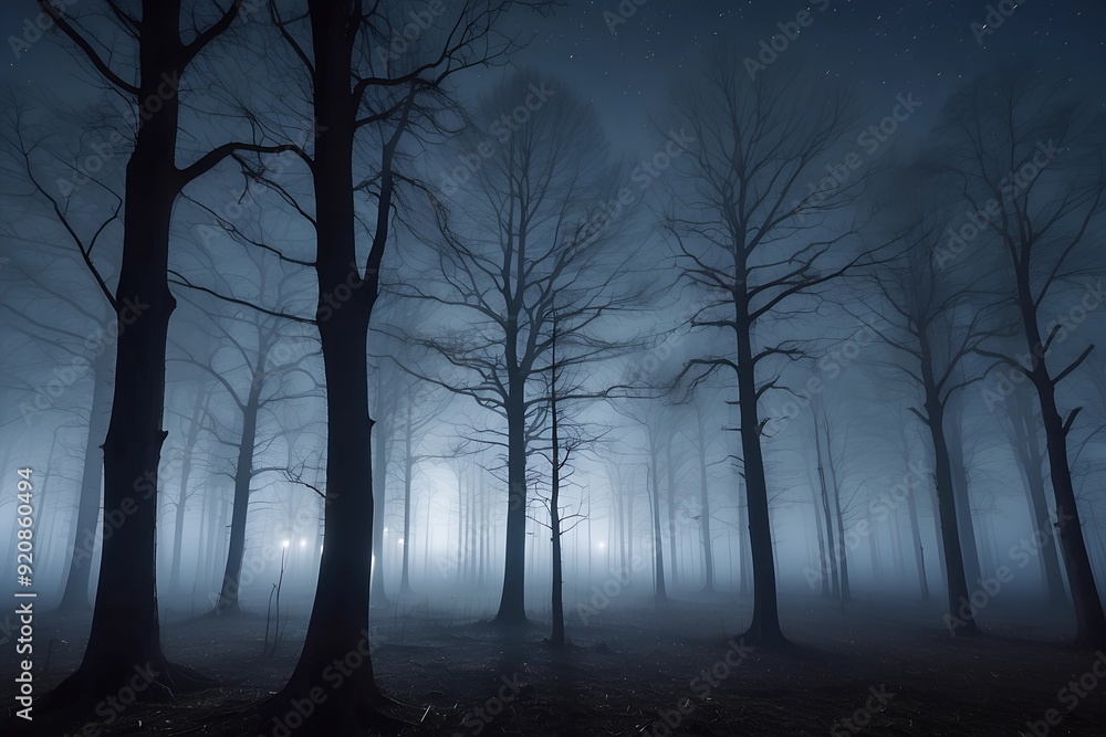 night in the forest trees without foliage and thick fog AI generated night in the forest trees without foliage and thick fog AI generated