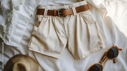 High waisted Casual Shorts with Fashionable Belt Flatlay on Neutral Background photo