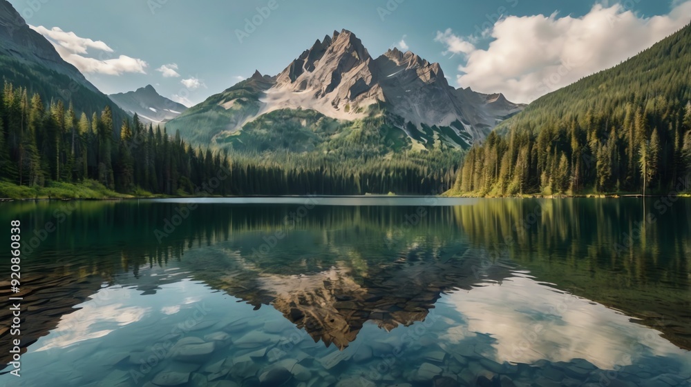A mountain lake with tall trees and rocky mountains in the background. A mountain lake with tall trees and rocky mountains in the background.