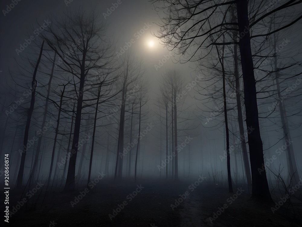 night in the forest trees without foliage and thick fog AI generated night in the forest trees without foliage and thick fog AI generated