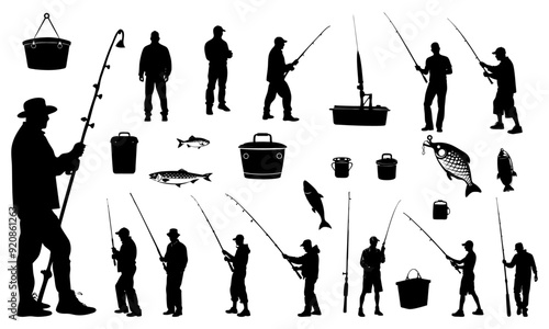 Set of fishermen and fishing equipment silhouette vector illustration photo